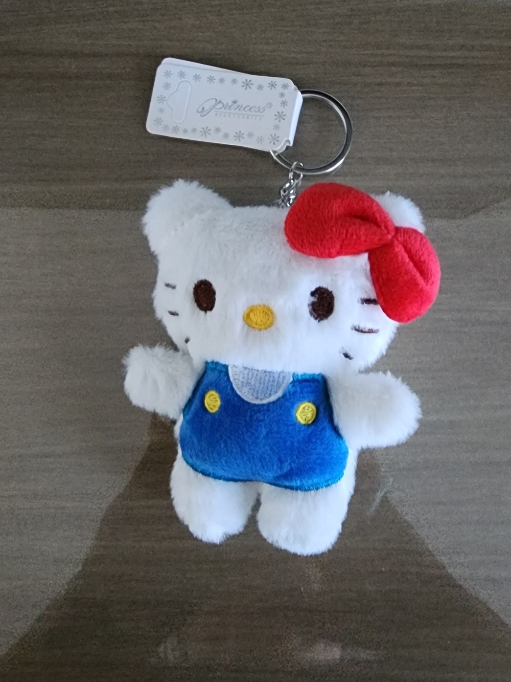 Cute White Plush Kitty Keychain with Red Bow and Blue Outfit